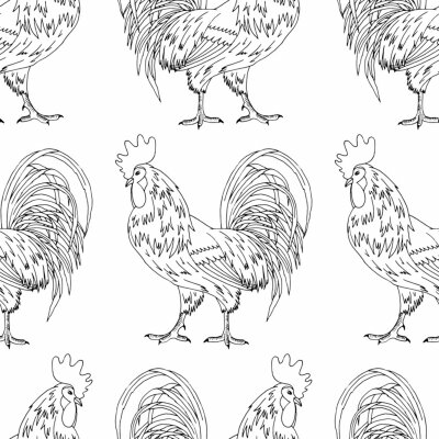 Tapete seamless pattern, black and white linear rooster pattern