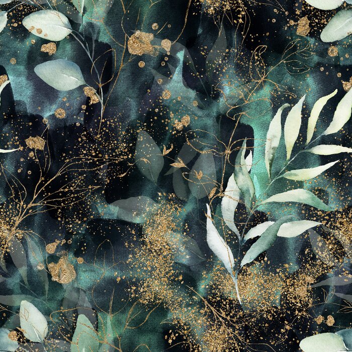 Tapete Seamless pattern. Floral branch on gold, dark, navy, purple, emerald, green and turquoise watercolor texture design. Rough brush stroke. Illustration. Liquid, water, fluid, cloud, abstract background.