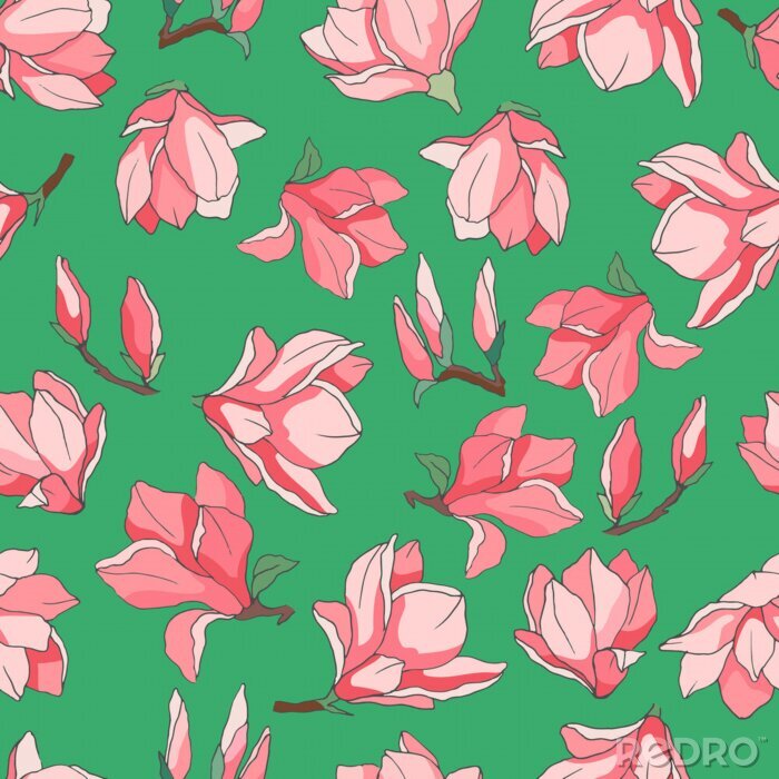 Tapete seamless pattern in bright colors, with magnolia flowers, wallpaper ornament, wrapping paper