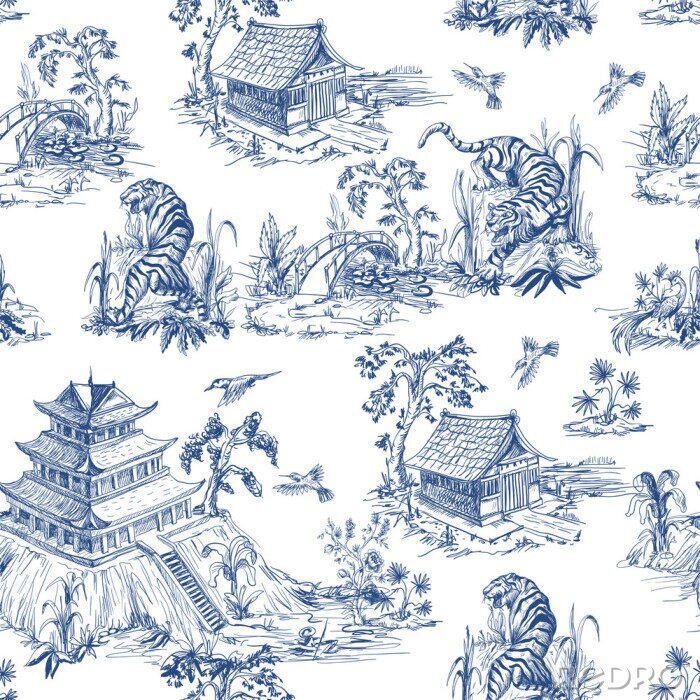 Tapete Seamless pattern in chinoiserie style for fabric or interior design.