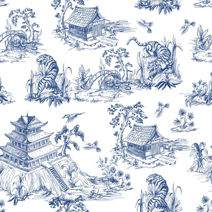 Tapete Seamless pattern in chinoiserie style for fabric or interior design.