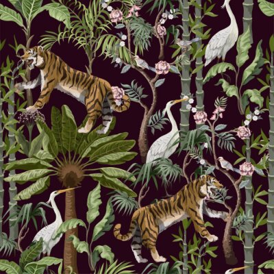 Tapete Seamless pattern in chinoiserie style with tiger, heron and jungle trees.