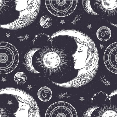 Tapete Seamless pattern. Moon face, phases of the moon, sun and crescent. Zodiac circle.