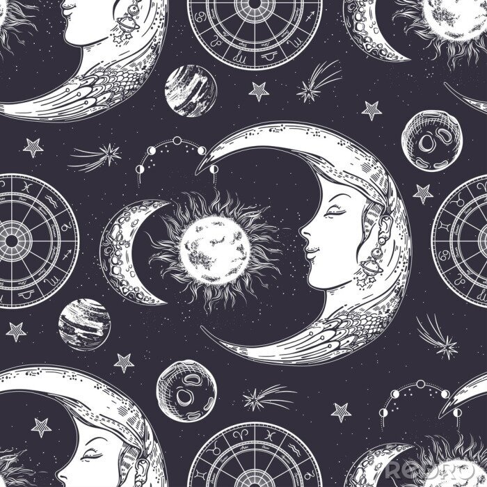 Tapete Seamless pattern. Moon face, phases of the moon, sun and crescent. Zodiac circle.