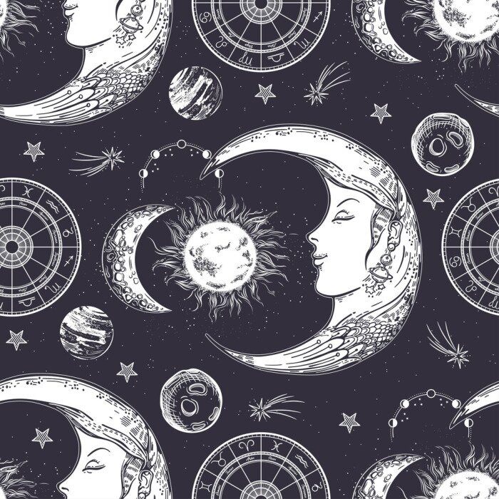 Tapete Seamless pattern. Moon face, phases of the moon, sun and crescent. Zodiac circle.