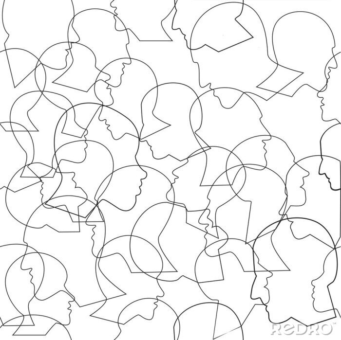 Tapete Seamless pattern of a crowd of many different people profile heads. Vector background.