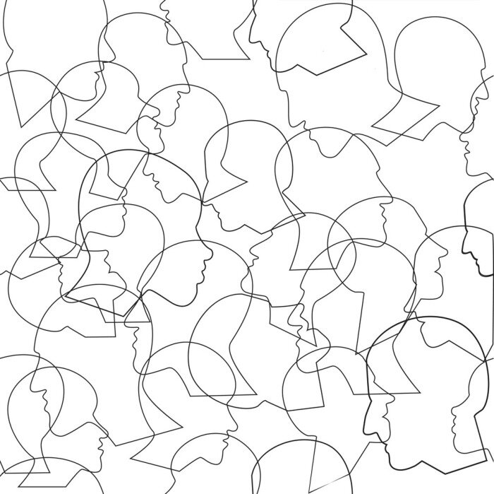 Tapete Seamless pattern of a crowd of many different people profile heads. Vector background.
