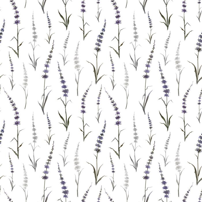 Tapete Seamless pattern of abstract plants similar to mint or lavender on a white background, watercolor drawing, print for fabric and other designs.