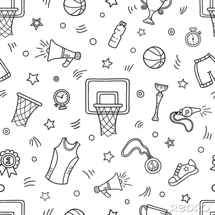 Tapete Seamless pattern of basketball objects and symbols. Basketball themed doodle.