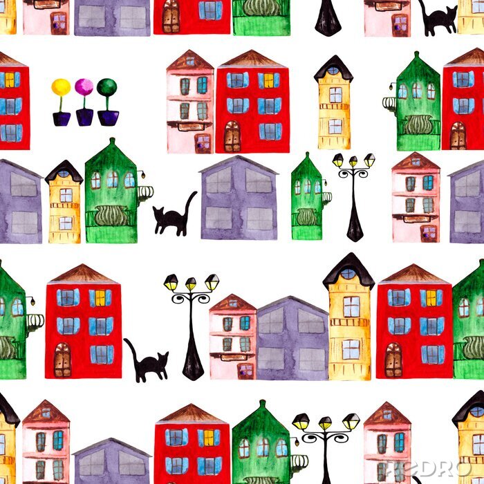 Tapete Seamless pattern of colored houses. Amsterdam Street.