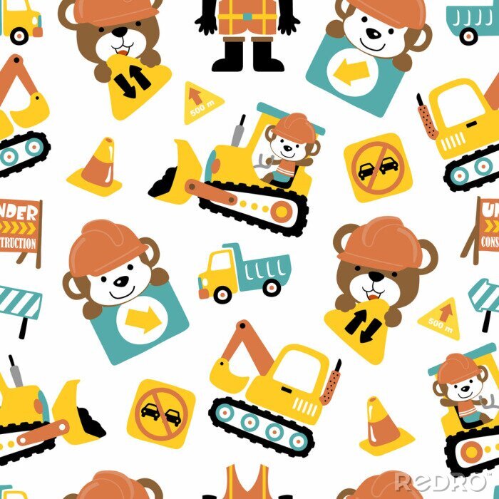 Tapete Seamless pattern of construction vehicle cartoon with funny animals woorker