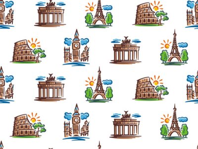 Tapete Seamless pattern of European attractions. Vector illustration of European capitals.