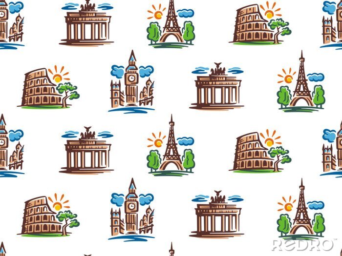 Tapete Seamless pattern of European attractions. Vector illustration of European capitals.