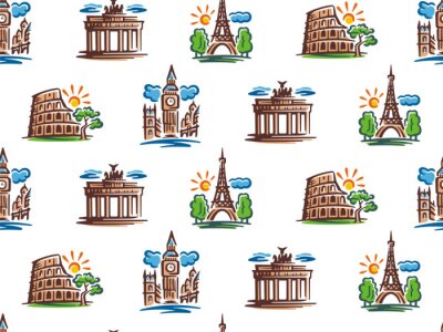 Tapete Seamless pattern of European attractions. Vector illustration of European capitals.
