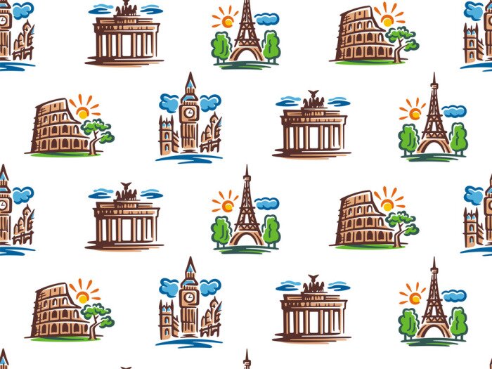 Tapete Seamless pattern of European attractions. Vector illustration of European capitals.