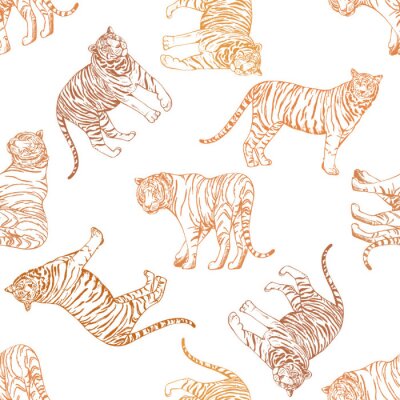 Tapete Seamless pattern of hand drawn sketch style tigers. Vector illustration isolated on white background.
