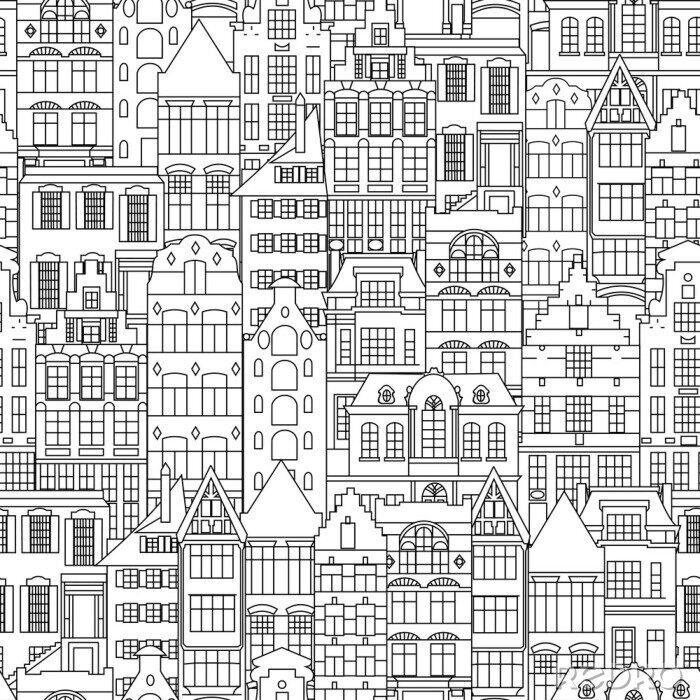 Tapete Seamless pattern of Holland old houses facades. Traditional architecture of Netherlands. Line style black and white vector isolated illustrations in the Dutch style. For coloring, design, background.