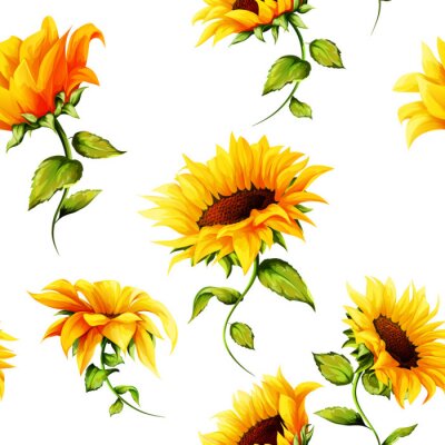 Seamless pattern of sunflowers on white. Hand drawn. Watercolor. Vector - stock