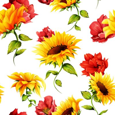 Seamless pattern of sunflowers with pomegranate buds on white. Abstract. Hand drawn. Watercolor. Vector - stock