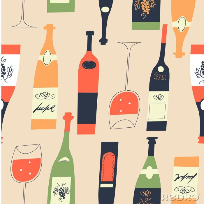 Tapete Seamless pattern of wine bottles and glasses. Vector illustration.