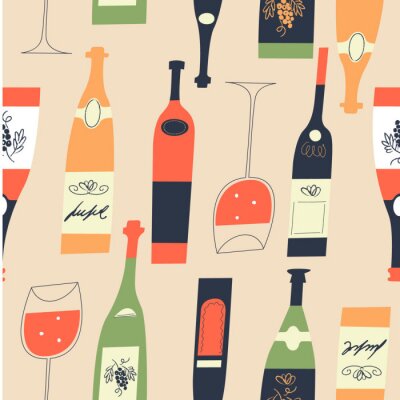 Tapete Seamless pattern of wine bottles and glasses. Vector illustration.