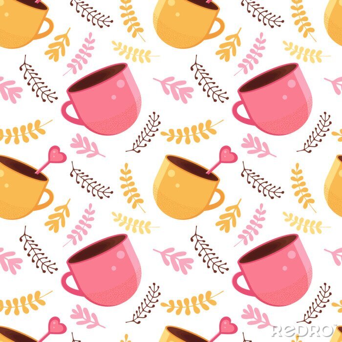 Tapete Seamless pattern of yellow and pink color with a mug of hot chocolate, cocoa or coffee with a spoon in the shape of a heart. Warming winter drink in the vector. Background for textile, paper, fabric.