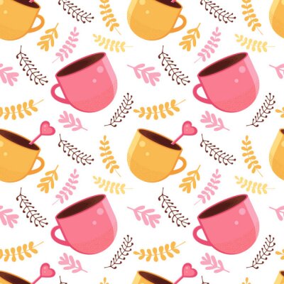 Tapete Seamless pattern of yellow and pink color with a mug of hot chocolate, cocoa or coffee with a spoon in the shape of a heart. Warming winter drink in the vector. Background for textile, paper, fabric.