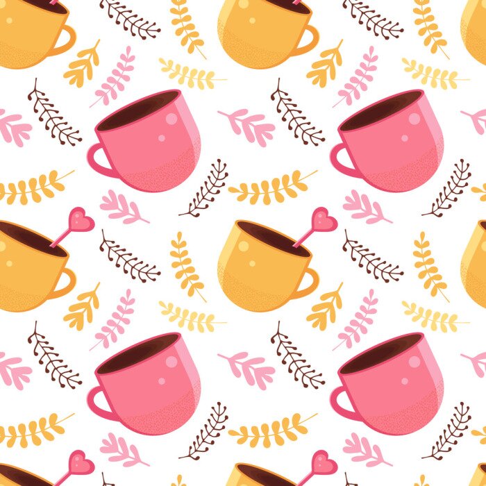 Tapete Seamless pattern of yellow and pink color with a mug of hot chocolate, cocoa or coffee with a spoon in the shape of a heart. Warming winter drink in the vector. Background for textile, paper, fabric.