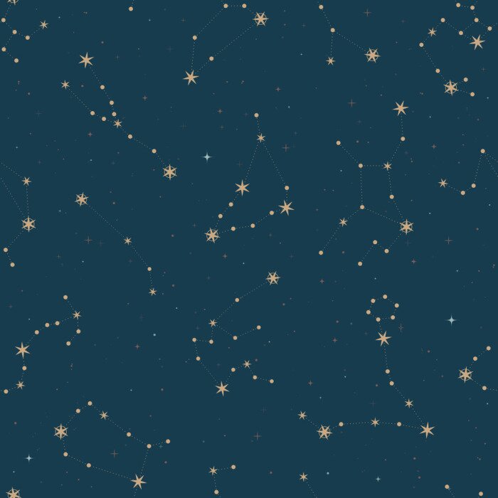 Tapete Seamless pattern of zodiac constellations. Gold stars on dark virid background. Astrology print, mystic zodiac signs.