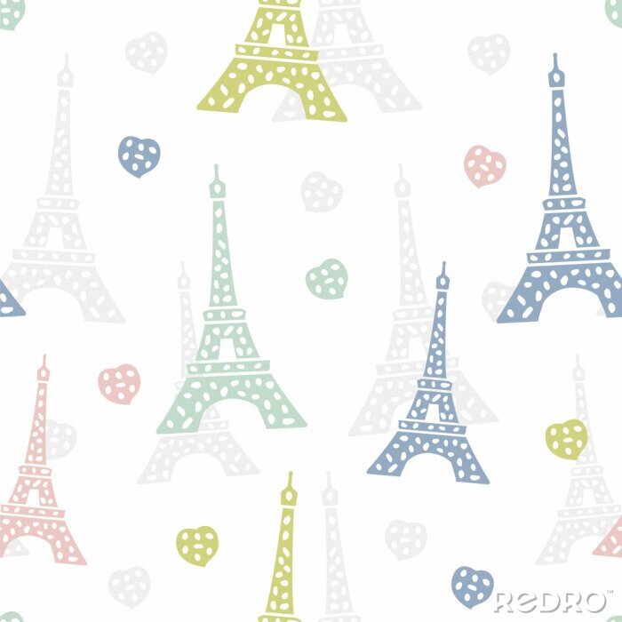 Tapete Seamless pattern Paris. French background with Eiffel Tower and hearts