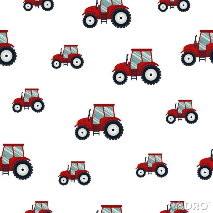 Tapete Seamless pattern red tractor on white background. Agricultural transport for farm in flat style - vector illustration. Farming vehicle
