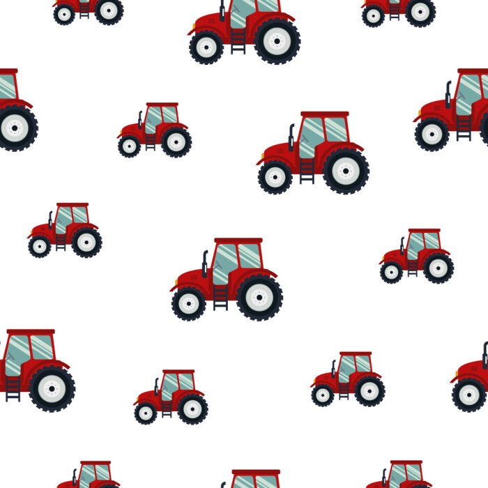 Tapete Seamless pattern red tractor on white background. Agricultural transport for farm in flat style - vector illustration. Farming vehicle