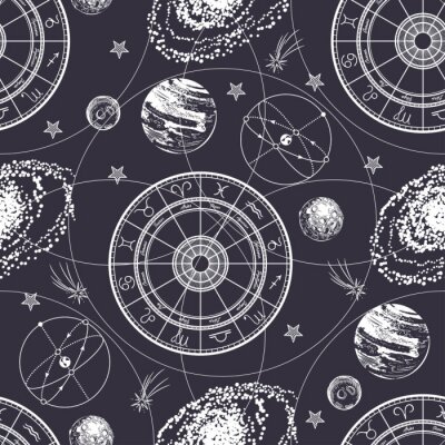 Tapete Seamless pattern. Signs of the zodiac, ecliptic, stars, galaxies and planets.