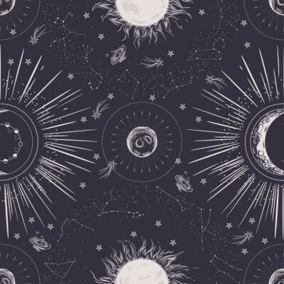 Tapete Seamless pattern. Signs of the zodiac, phases of the moon, sun and moon. Engraving style. Vintage background.