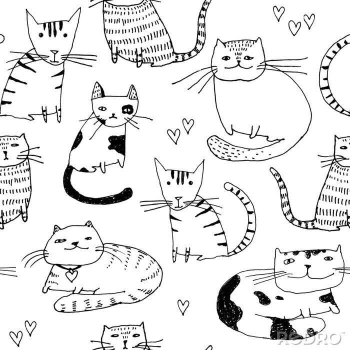 Tapete Seamless pattern. Wallpaper with fantasy cats cartoon animals on white background. Hand drawn vintage texture.
