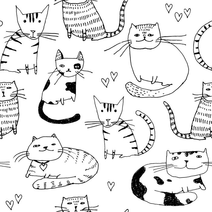 Tapete Seamless pattern. Wallpaper with fantasy cats cartoon animals on white background. Hand drawn vintage texture.
