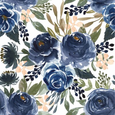 seamless pattern watercolor flower navy blue