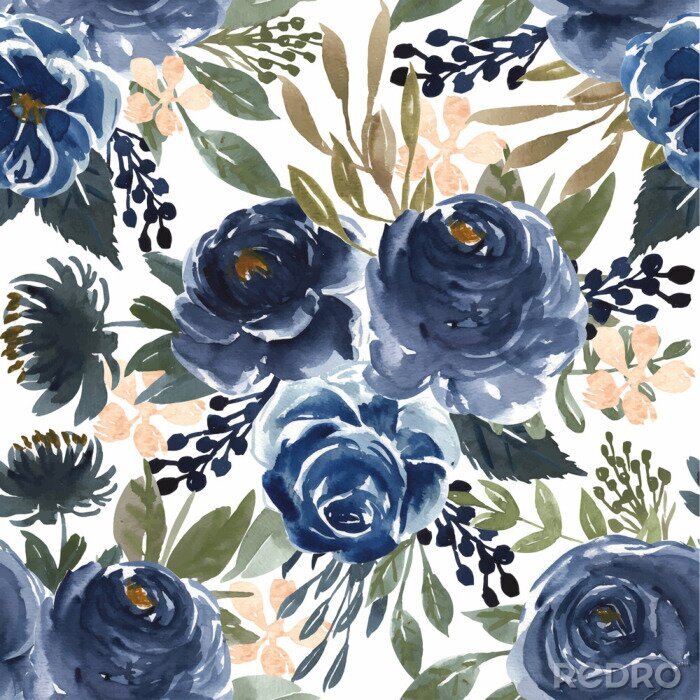 Tapete seamless pattern watercolor flower navy blue
