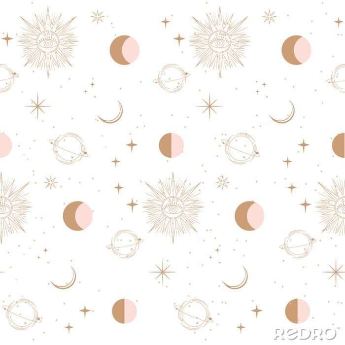 Tapete Seamless pattern with Astrology and Space concept. Minimalistic objects made in the style of one line. Editable vector illustration.