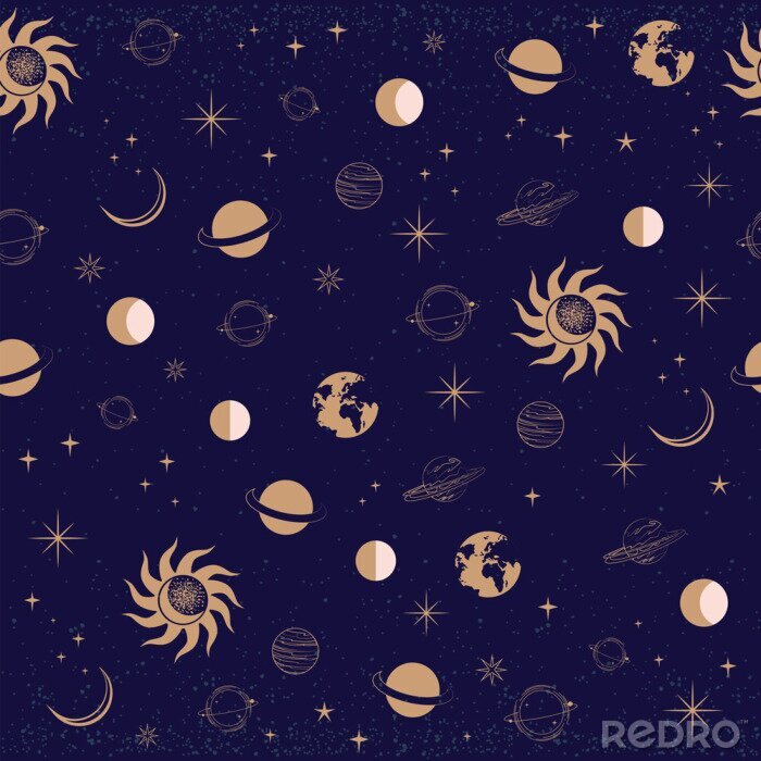 Tapete Seamless pattern with Astrology and Space concept. Minimalistic objects made in the style of one line. Editable vector illustration.