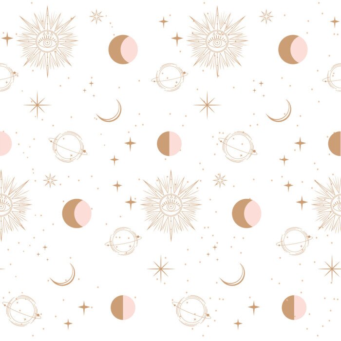 Tapete Seamless pattern with Astrology and Space concept. Minimalistic objects made in the style of one line. Editable vector illustration.