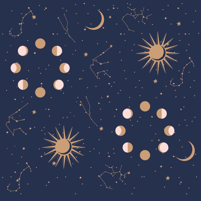 Tapete Seamless pattern with Astrology and Space concept. Minimalistic objects made in the style of one line. Editable vector illustration.