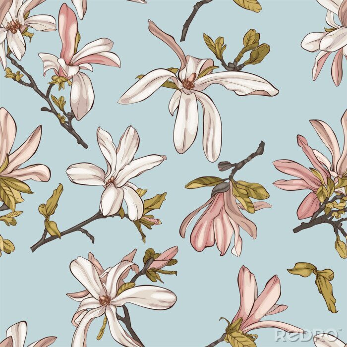 Tapete Seamless pattern with  beautiful spring magnolia flowers