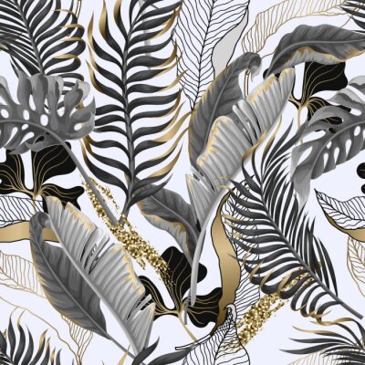 Tapete Seamless pattern with black and white tropical leaves and golden elements. Vector.