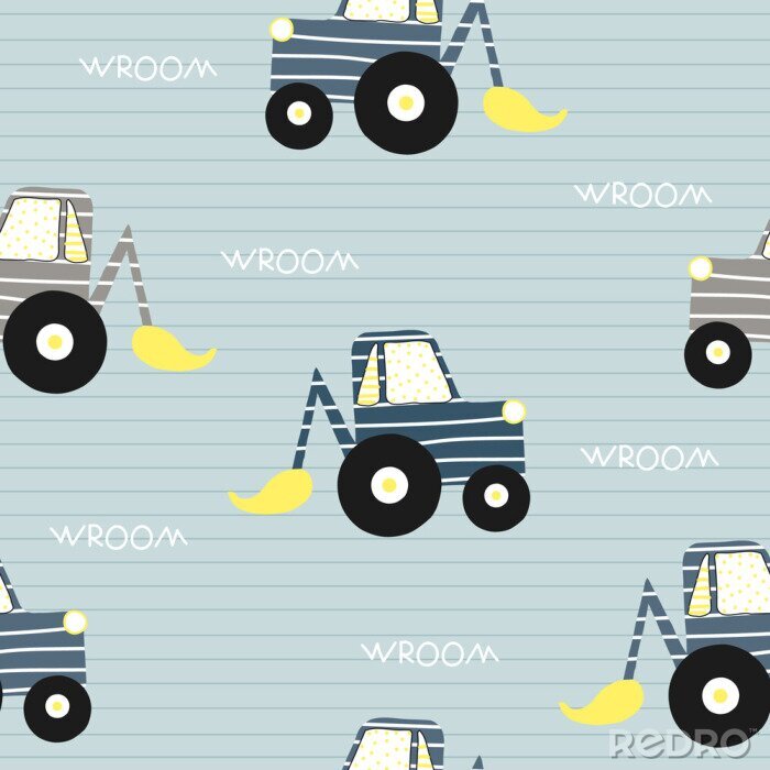 Tapete Seamless pattern with bulldozer. Kids funny textile print. Vector hand drawn illustration.