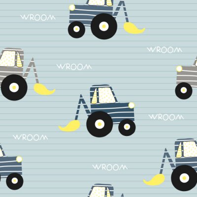 Tapete Seamless pattern with bulldozer. Kids funny textile print. Vector hand drawn illustration.