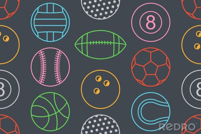 Tapete Seamless pattern with collection of Colorfuls Sports Balls. line style. isolated on black background