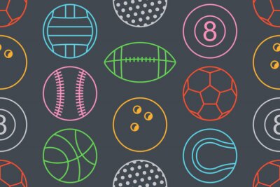 Tapete Seamless pattern with collection of Colorfuls Sports Balls. line style. isolated on black background