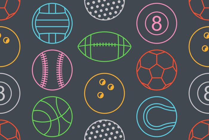 Tapete Seamless pattern with collection of Colorfuls Sports Balls. line style. isolated on black background