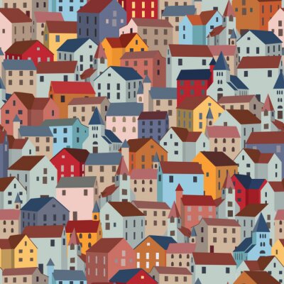 Tapete Seamless pattern with colorful houses. City or town texture.